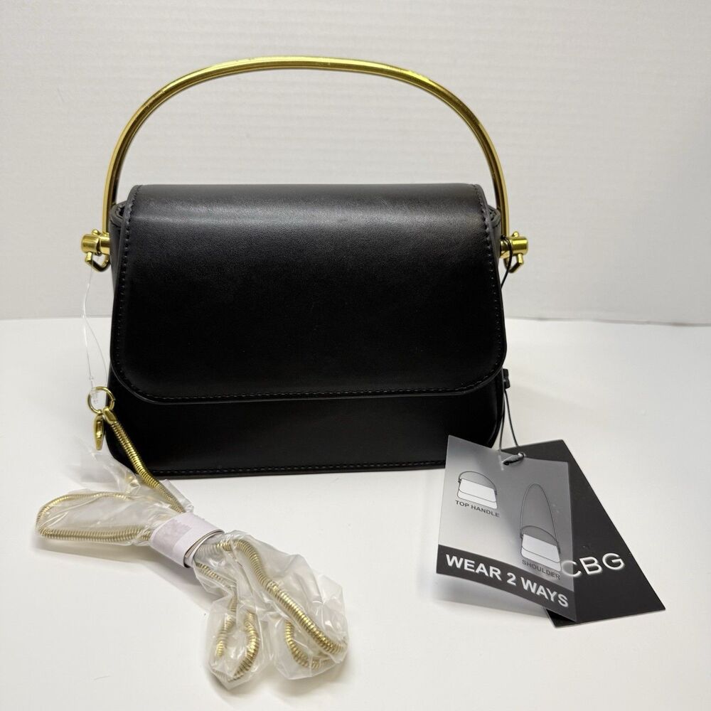 BCBG Black Vegan Leather Gold Top Handle Convertable Bag New